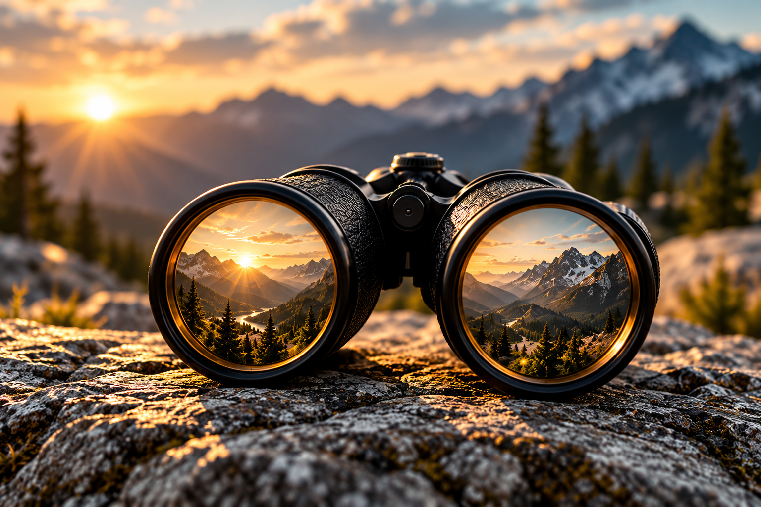 Binoculars overlooking a mountain landscape