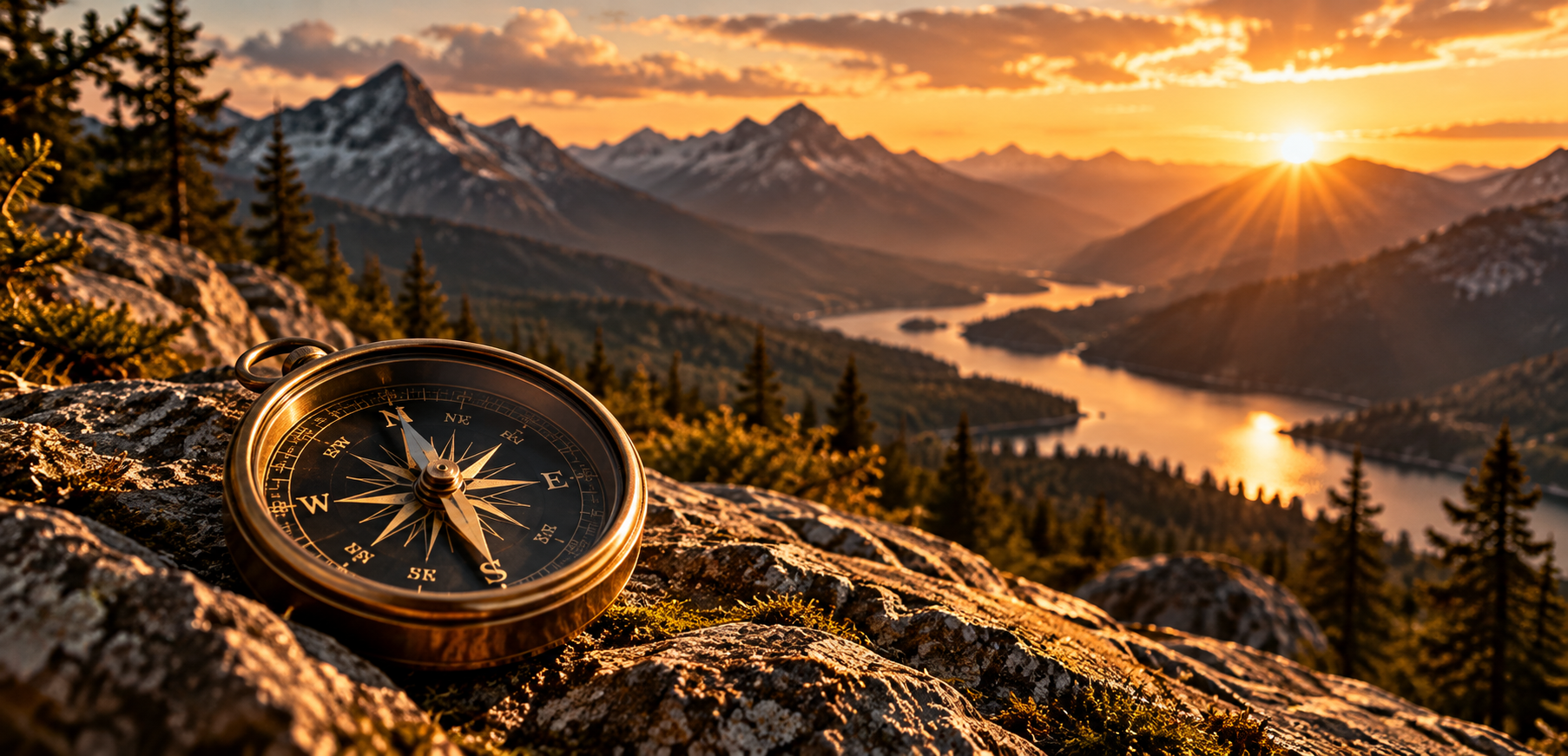 Compass overlooking a mountain landscape